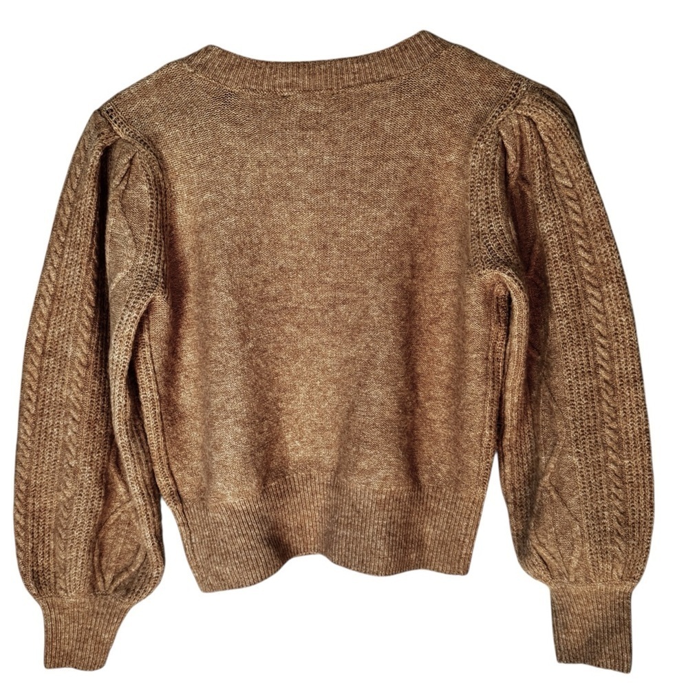 1. State Variegated Cable Crew-Neck Puff Sleeve Fisherman Brown Sweater Sz XS - Picture 3 of 9